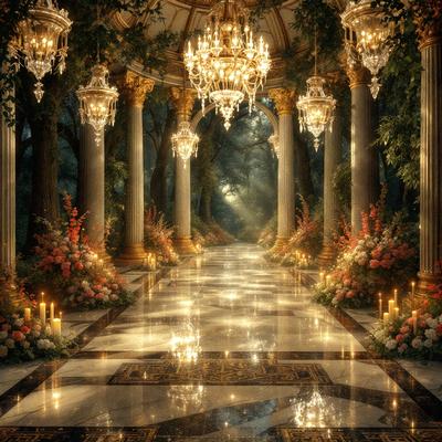 The primary subject of the image is a beautifully lit hallway with a marble floor. The setting is a grand palace with a large chandelier hanging above the hallway. The visual style is a digital art, creating a stunning and intricate scene. The colors and mood are elegant and luxurious, with the lighting and decorations creating a warm and inviting atmosphere.
